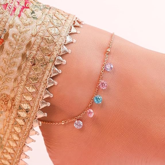 Silver Coloured Stones Rose Gold Plating Chain Anklet (Pair) Gift for Women & Girls |