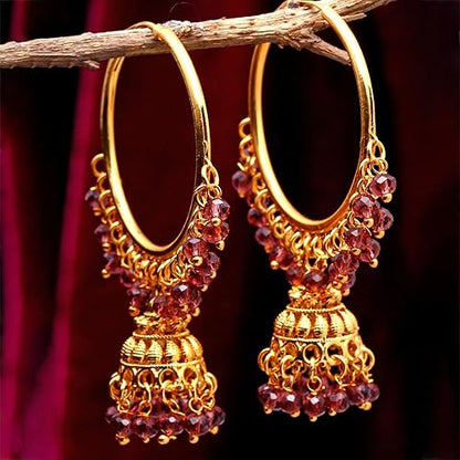 LukGud Gold Plated Copper Black & Gold-Toned Dome Shaped Jhumkas Earrings Jewellery For Wormen and Girls