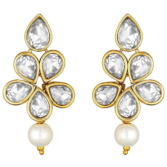 LukGud 18k Gold Plated Traditional Kundan & Pearl Studded Necklace Jewellery Set For Women