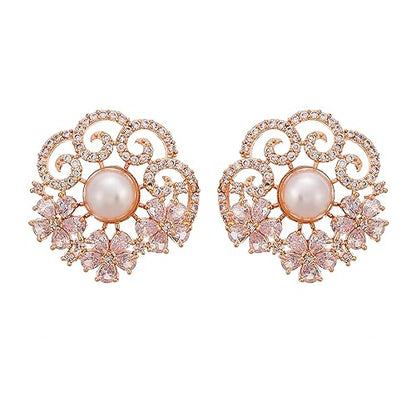 LukGud Rose Gold Plated Crescent Contemporary Floral Embelished Designed Stud Earring Jewellery For Girls and Women