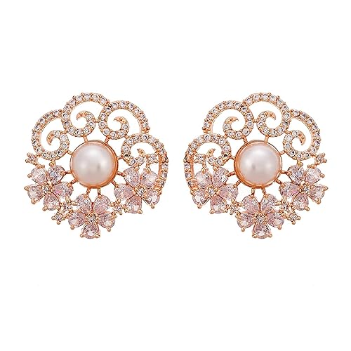 LukGud Rose Gold Plated Crescent Contemporary Floral Embelished Designed Stud Earring Jewellery For Girls and Women