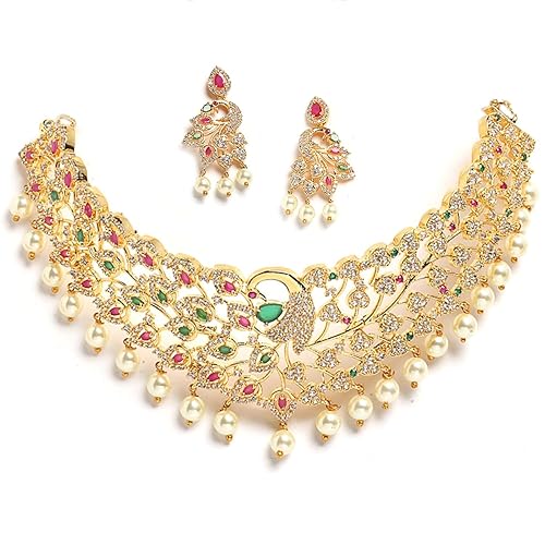 LukGud Gold Plated White & Red American Diamond Studded With Drop Pearl Beaded Jewellery Set For Women & Girl