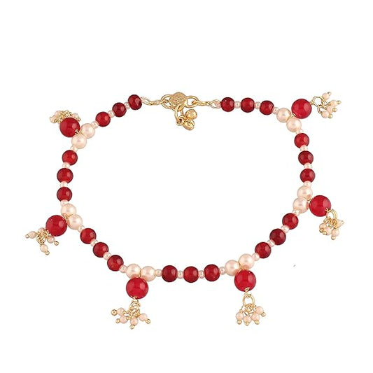 LukGud Adjustable Pearl Beads Single Anklet Payal Bracelet for Women