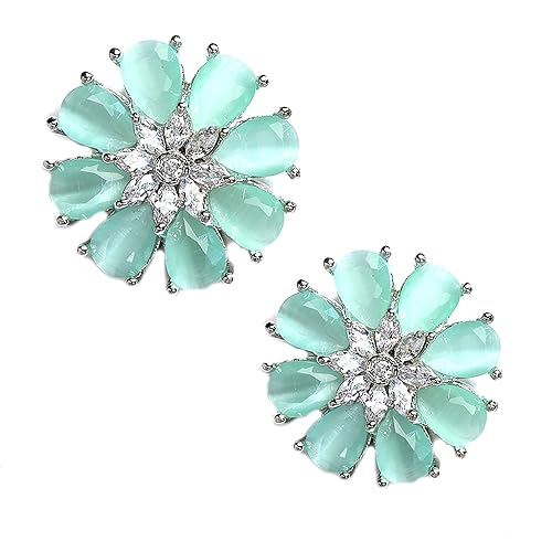 LukGud Stud Rhodium Plated AD American Diamond Flower-Shaped Earrings Ear Studs Jewellery For Women and Girl