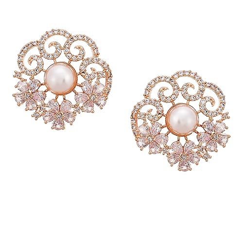 LukGud Rose Gold Plated Crescent Contemporary Floral Embelished Designed Stud Earring Jewellery For Girls and Women