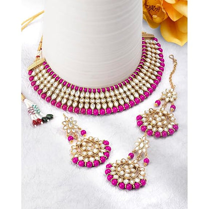 LukGud Gold Plated White Pearl Kundan Choker Necklace with Earring Maang Tikka Traditional Jewellery Set for Women