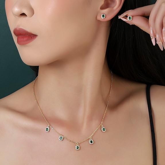 LukGud Green Emerald 18k Gold Plated Jewelry Set for Women | Necklace & Earrings