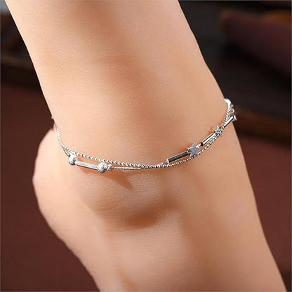 LukGud Silver Anklets for Women 2 Pcs Magical Love Beads Links Silver Plated Anklets Combo for Girls and Women