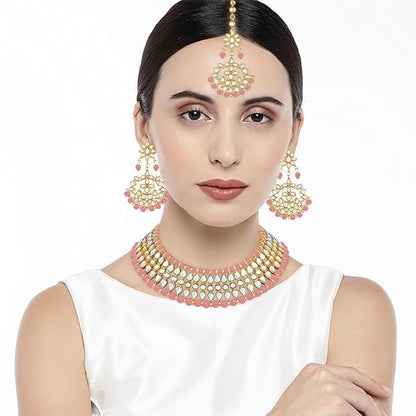 LukGud Gold Plated White Pearl Kundan Choker Necklace with Earring Maang Tikka Traditional Jewellery Set for Women