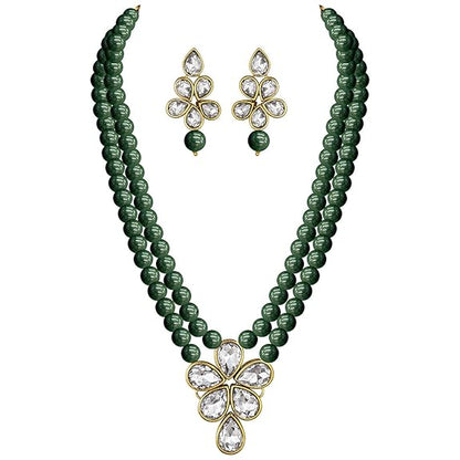 LukGud 18k Gold Plated Traditional Kundan & Pearl Studded Necklace Jewellery Set For Women