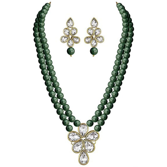 LukGud 18k Gold Plated Traditional Kundan & Pearl Studded Necklace Jewellery Set For Women