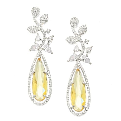 LukGud Rhodium-Plated American Diamond Studded Teardrop & Leaf Shaped Drop Earrings For Girls and Women