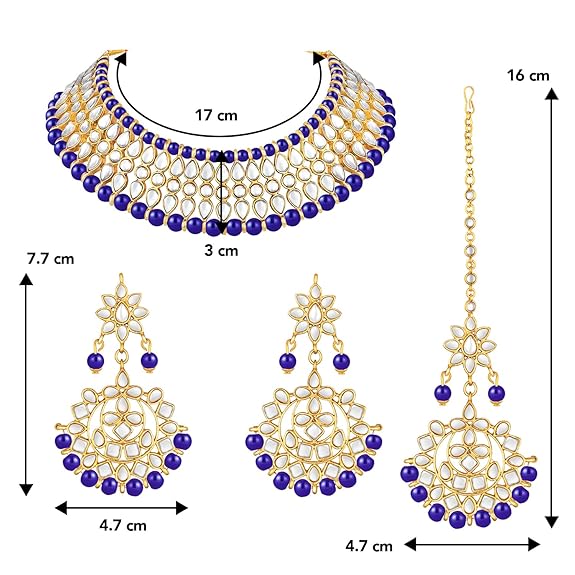 LukGud Gold Plated White Pearl Kundan Choker Necklace with Earring Maang Tikka Traditional Jewellery Set for Women