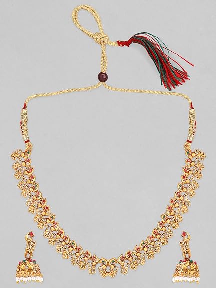 LukGud 22k Gold-Plated Red & Green Stone Studded Handcrafted Traditional Temple Jewellery Set For Women