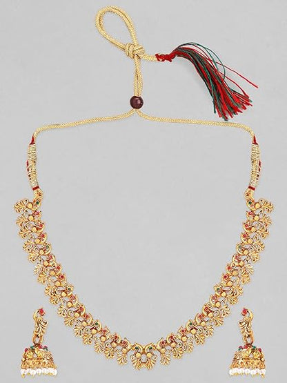 LukGud 22k Gold-Plated Red & Green Stone Studded Handcrafted Traditional Temple Jewellery Set For Women