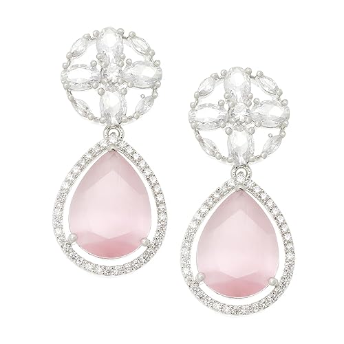 LukGud Rhodium-Plated American Diamond Studded Teardrop & Floral Shaped Drop Earrings For Girls and Women