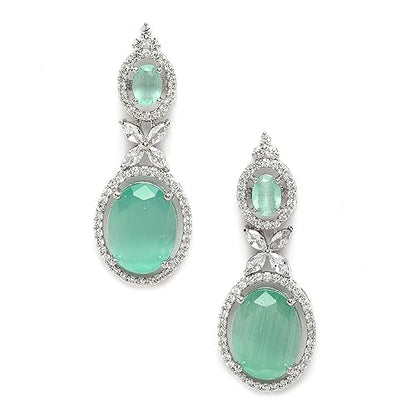 LukGud Oxidised Silver-Plated American Diamond studded Oval Shaped Drop Earrings Jewellery For Girls and Women