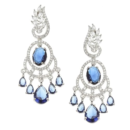 LukGud Rhodium-Plated American Diamond Studded Oval & Leaf Shaped Drop Earrings For Girls and Women