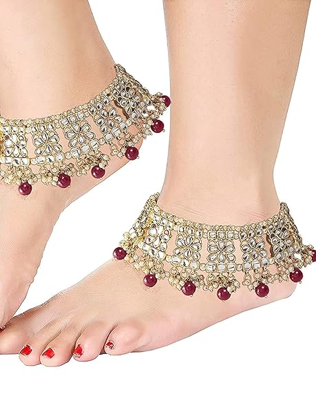 LukGud Gold Plated Bridal Kundan Anklets for Women