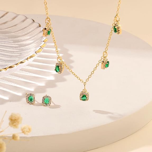 LukGud Green Emerald 18k Gold Plated Jewelry Set for Women | Necklace & Earrings
