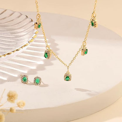 LukGud Green Emerald 18k Gold Plated Jewelry Set for Women | Necklace & Earrings