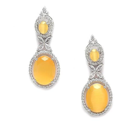 LukGud Oxidised Silver-Plated American Diamond studded Oval Shaped Drop Earrings Jewellery For Girls and Women