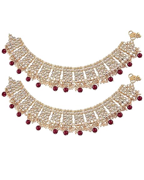 LukGud Gold Plated Bridal Kundan Anklets for Women