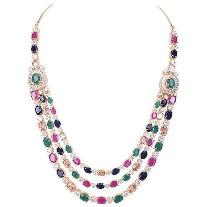 LukGud American Diamond Fashion Jewellery Red Green Blue White Multi Layer Necklace Set with Earring for Women/Girls