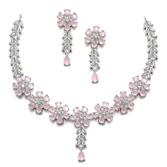 LukGud American Diamond Studded Necklace Earrings Jewellery Set for Girls and Women