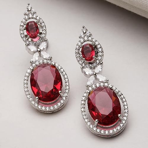 LukGud  Oxidised Silver-Plated American Diamond studded Oval Shaped Drop Earrings Jewellery For Girls and Women