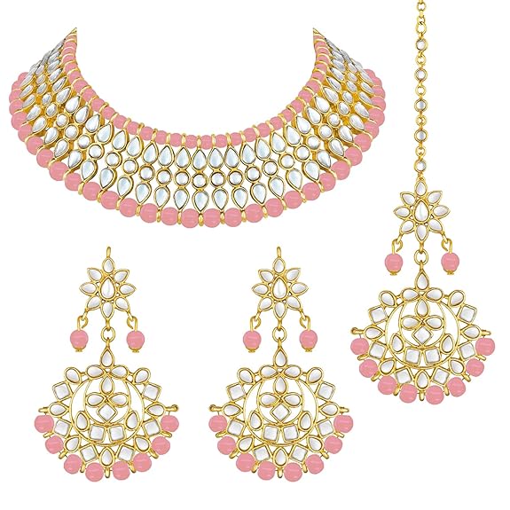 LukGud Gold Plated White Pearl Kundan Choker Necklace with Earring Maang Tikka Traditional Jewellery Set for Women