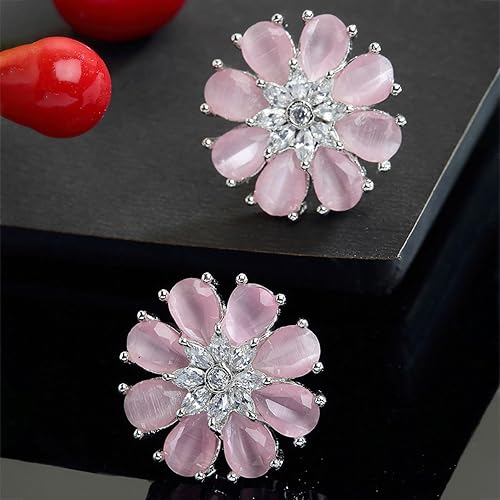 LukGud Stud Rhodium Plated AD American Diamond Flower-Shaped Earrings Ear Studs Jewellery For Women and Girl