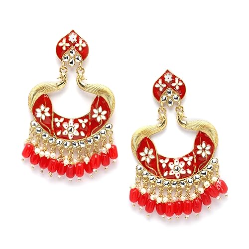 LukGud Gold-Plated Kundan & Pearls studded Peacock Shaped Handcrafted Drop Earrings