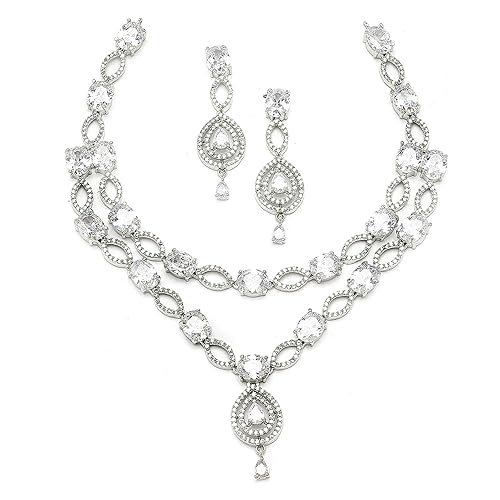 LukGud American Diamond Studded Abstract Necklace With Earrings Jewellery Set For Girls and Women
