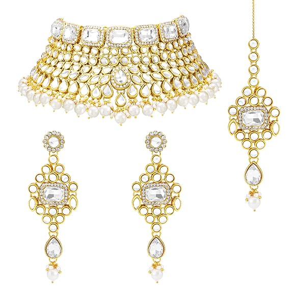 Lukgud Rani Padmavati Kundan Faux Pearl Choker Necklace with Earrings Maang Tikka for Women Girls Traditional Jewellery set