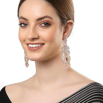 LukGud Floral Shaped American Diamond Dangle Chandelier Earring For Women And Girls