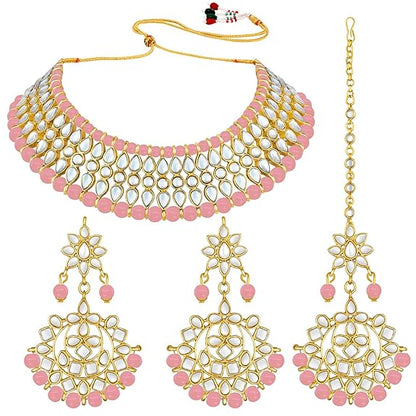 LukGud Gold Plated White Pearl Kundan Choker Necklace with Earring Maang Tikka Traditional Jewellery Set for Women