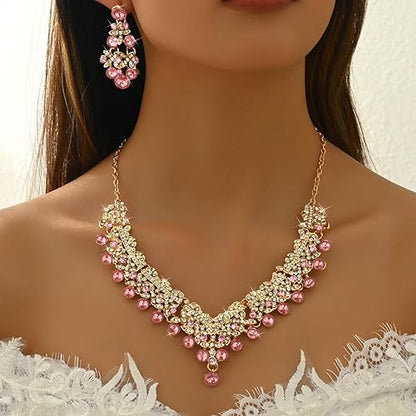 LukGud Stylish Design Fancy Wedding Party Crystal Diamonds Necklace Jewellery Set for Women