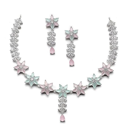 LukGud American Diamond Studded Necklace Earrings Jewellery Set for Girls and Women