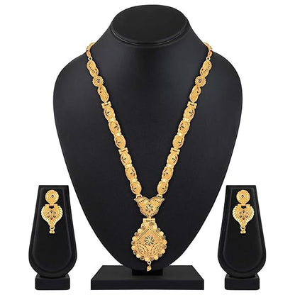 LukGud Latest Long Design Necklace Set For Women Traditional One Gram Gold Plated Jewellery Set for Women (Golden)