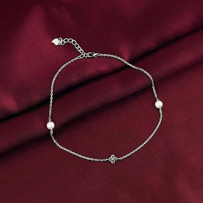 LukGud  Silver Pearls & Flower Anklet,Single| Valentine Gift for Girlfriend Wife Women & Girls