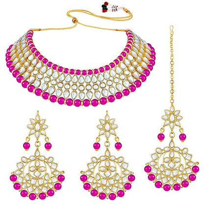 LukGud Gold Plated White Pearl Kundan Choker Necklace with Earring Maang Tikka Traditional Jewellery Set for Women