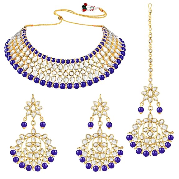 LukGud Gold Plated White Pearl Kundan Choker Necklace with Earring Maang Tikka Traditional Jewellery Set for Women