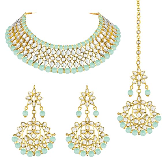 LukGud Gold Plated White Pearl Kundan Choker Necklace with Earring Maang Tikka Traditional Jewellery Set for Women