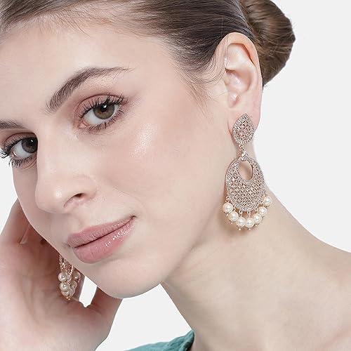 LukGud Jewellery Rose Gold Plated CZ Attractive Designer Drop Earrings with Pearls for Girls and Women