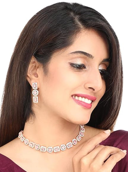 LukGud  American Diamond Rhodium Rose Gold Plated AD Necklace Jewellery Set for Women