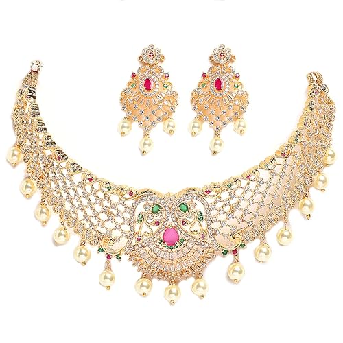 LukGud Gold Plated White & Red American Diamond Studded With Drop Pearl Beaded Jewellery Set For Women & Girl