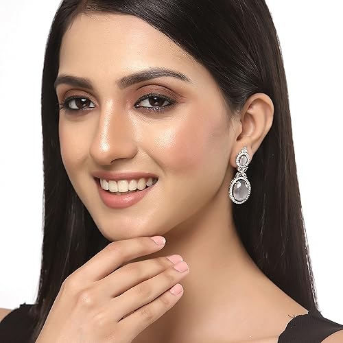 LukGud Oxidised Silver-Plated American Diamond studded Oval Shaped Drop Earrings Jewellery For Girls and Women