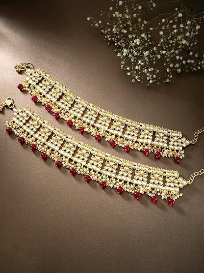 LukGud Gold Plated Bridal Kundan Anklets for Women