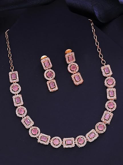 LukGud  American Diamond Rhodium Rose Gold Plated AD Necklace Jewellery Set for Women